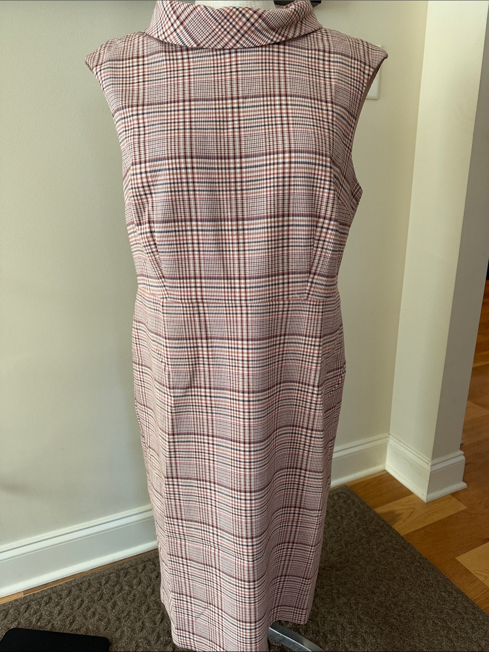 Ann Taylor Factory Pink Plaid Sleeveless Midi Dress with Mock Neck